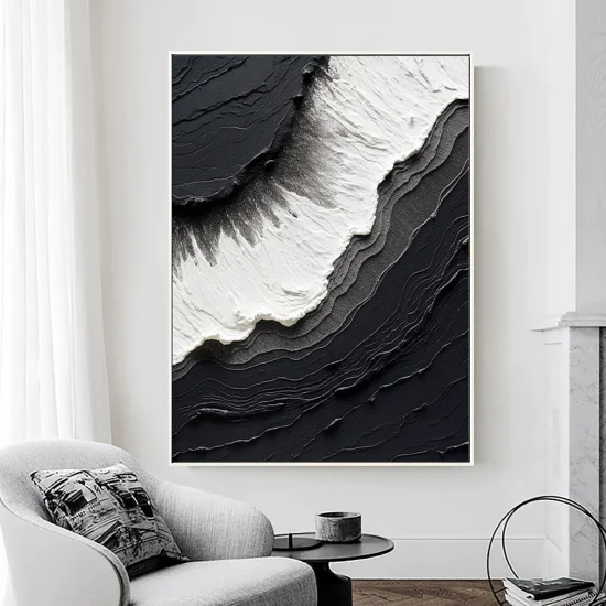 Siyah Beyaz Dalgalar Siparişe Özel Soyut Yağlı Boya Tablo