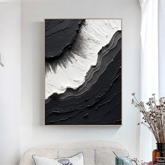 Siyah Beyaz Dalgalar Siparişe Özel Soyut Yağlı Boya Tablo