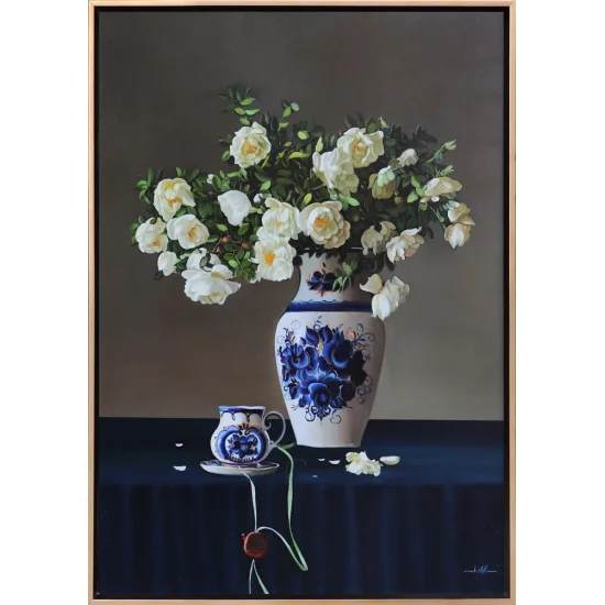 Çini Vazoda Beyaz Güller Siparişe Özel Yağlı Boya Tablo