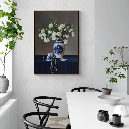 Çini Vazoda Beyaz Güller Siparişe Özel Yağlı Boya Tablo