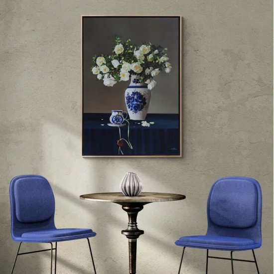 Çini Vazoda Beyaz Güller Siparişe Özel Yağlı Boya Tablo