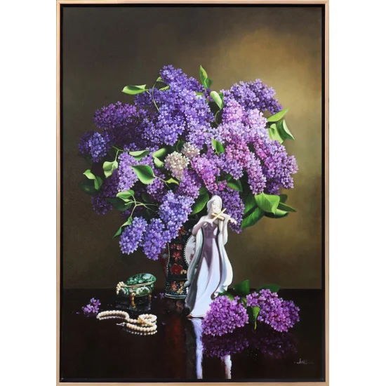 Kadın Heykeli ve Vazoda Leylaklar Siparişe Özel Yağlı Boya Tablo