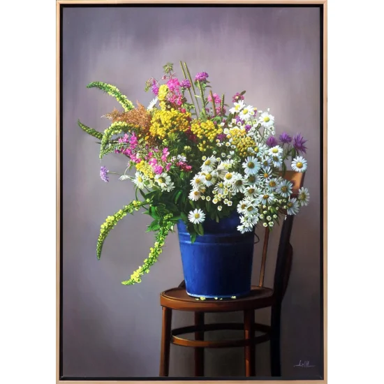 Mavi Kovadaki Kır Çiçekleri Siparişe Özel Yağlı Boya Tablo