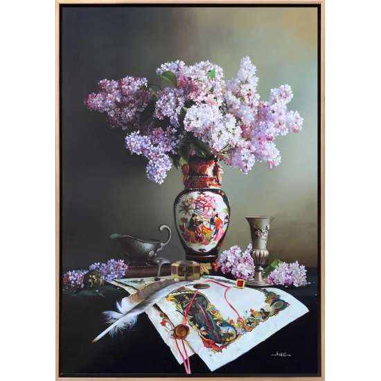 Kağıtta Minyatür Motifler ve Vazodaki Leylaklar Siparişe Özel Yağlı Boya Tablo