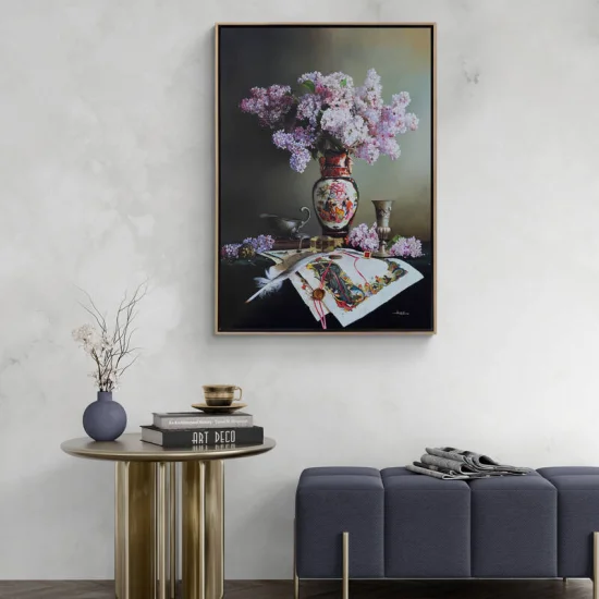 Kağıtta Minyatür Motifler ve Vazodaki Leylaklar Siparişe Özel Yağlı Boya Tablo