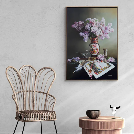 Kağıtta Minyatür Motifler ve Vazodaki Leylaklar Siparişe Özel Yağlı Boya Tablo