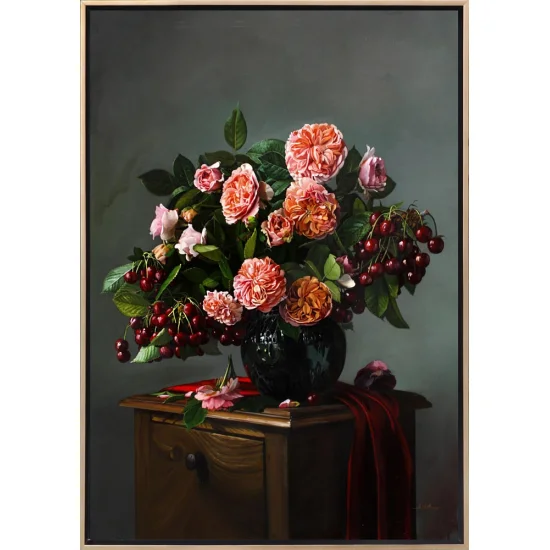 Vazoda Pembe Güller ve Kirazlar Siparişe Özel Yağlı Boya Tablo