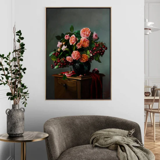 Vazoda Pembe Güller ve Kirazlar Siparişe Özel Yağlı Boya Tablo