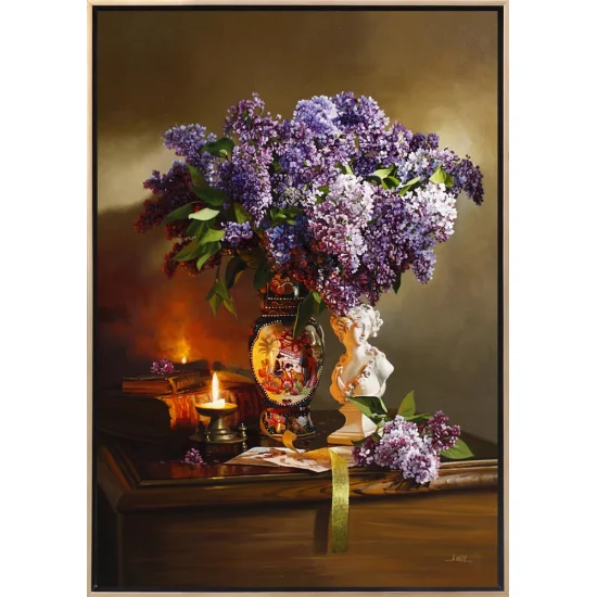 Mum Işığında Vazodaki Leylaklar ve Huzur Siparişe Özel Yağlı Boya Tablo