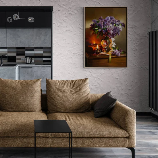 Mum Işığında Vazodaki Leylaklar ve Huzur Siparişe Özel Yağlı Boya Tablo