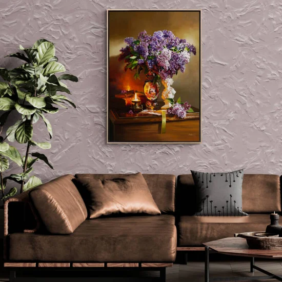 Mum Işığında Vazodaki Leylaklar ve Huzur Siparişe Özel Yağlı Boya Tablo