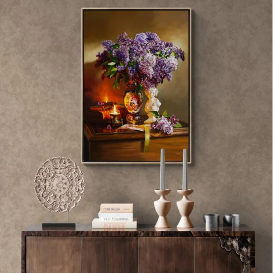 Mum Işığında Vazodaki Leylaklar ve Huzur Siparişe Özel Yağlı Boya Tablo