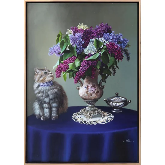 Kedi ve Vazoda Leylaklar Siparişe Özel Yağlı Boya Tablo
