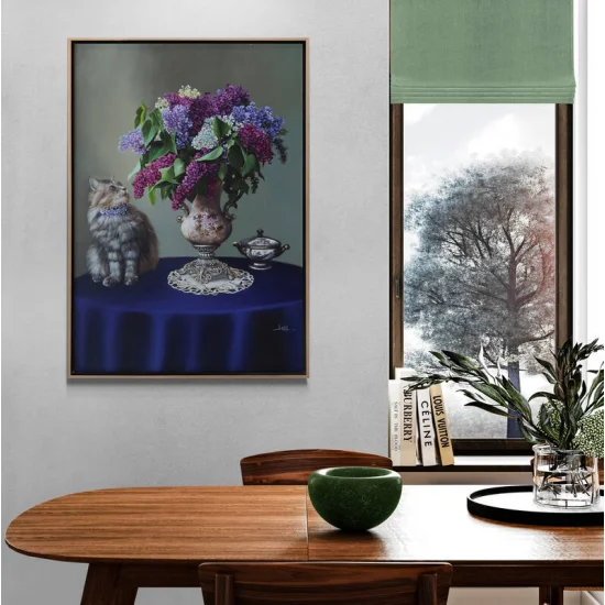 Kedi ve Vazoda Leylaklar Siparişe Özel Yağlı Boya Tablo