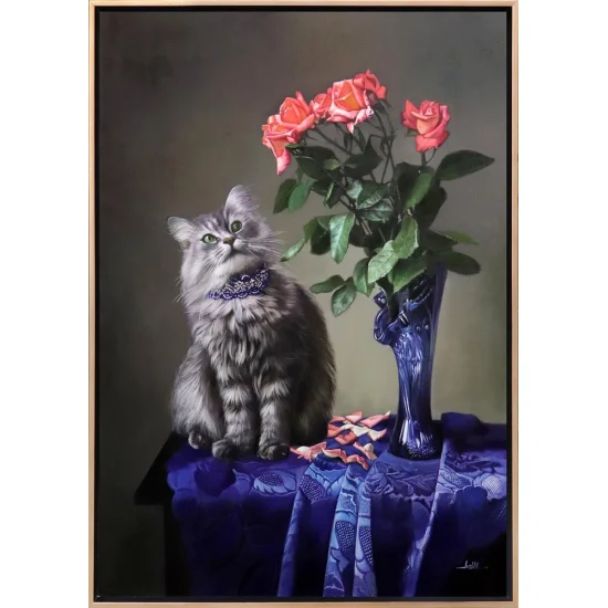 Vazoda Pembe Güller ve Kedinin Bakışı Siparişe Özel Yağlı Boya Tablo