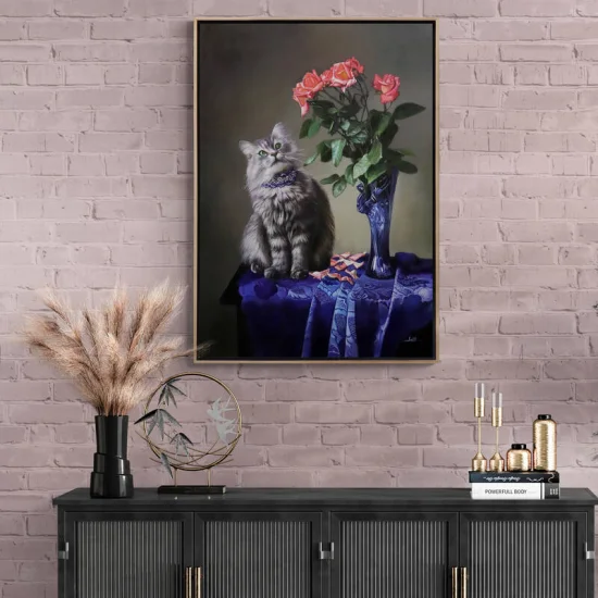 Vazoda Pembe Güller ve Kedinin Bakışı Siparişe Özel Yağlı Boya Tablo