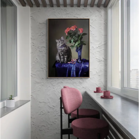 Vazoda Pembe Güller ve Kedinin Bakışı Siparişe Özel Yağlı Boya Tablo