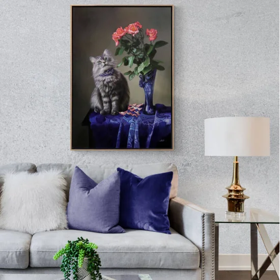 Vazoda Pembe Güller ve Kedinin Bakışı Siparişe Özel Yağlı Boya Tablo