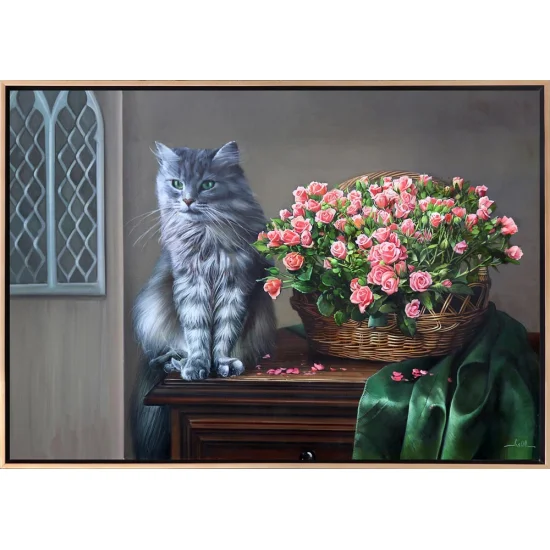 Sepette Pembe Güller ve Kedi Siparişe Özel Yağlı Boya Tablo