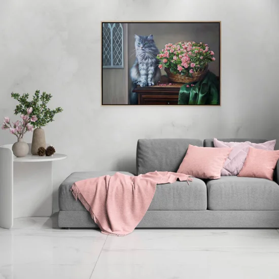 Sepette Pembe Güller ve Kedi Siparişe Özel Yağlı Boya Tablo