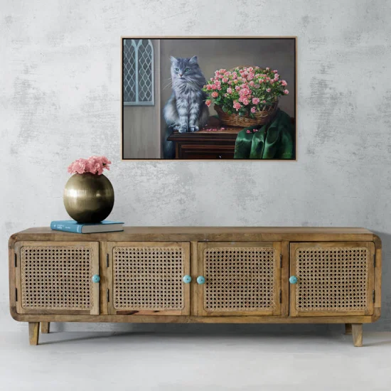 Sepette Pembe Güller ve Kedi Siparişe Özel Yağlı Boya Tablo