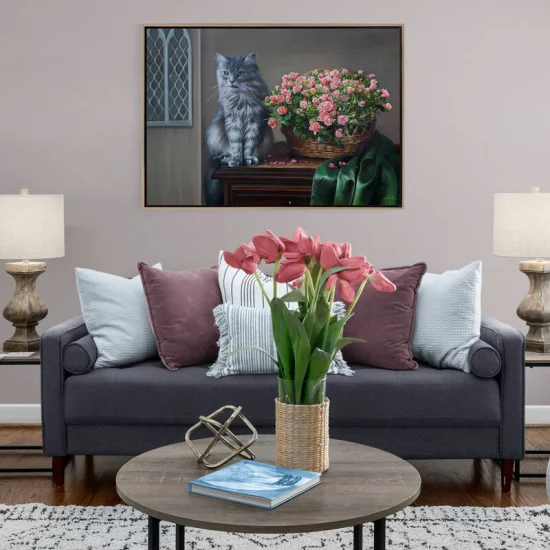 Sepette Pembe Güller ve Kedi Siparişe Özel Yağlı Boya Tablo