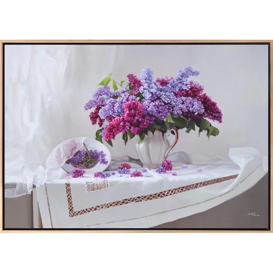 Dantelli Masa Örtüsü ve Leylaklar Siparişe Özel Yağlı Boya Tablo
