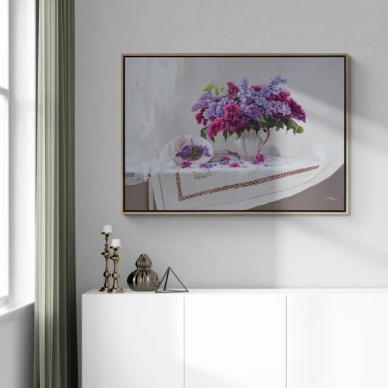 Dantelli Masa Örtüsü ve Leylaklar Siparişe Özel Yağlı Boya Tablo