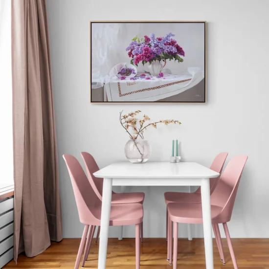 Dantelli Masa Örtüsü ve Leylaklar Siparişe Özel Yağlı Boya Tablo