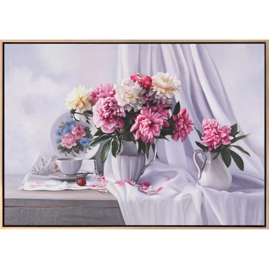 Porselen Vazoda Güller ve Çay Saati Siparişe Özel Yağlı Boya Tablo