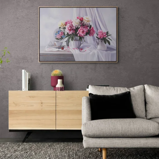 Porselen Vazoda Güller ve Çay Saati Siparişe Özel Yağlı Boya Tablo