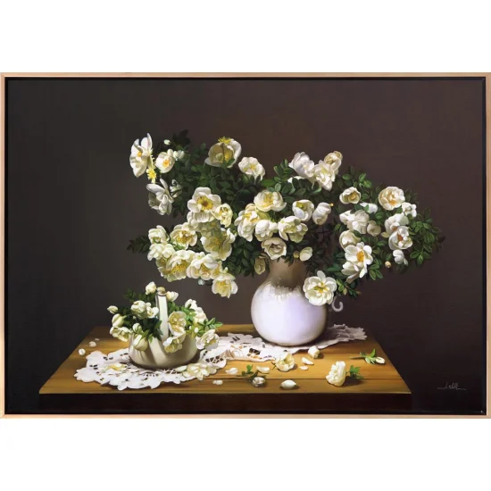 White Roses in a Vase Custom Order Oil Painting