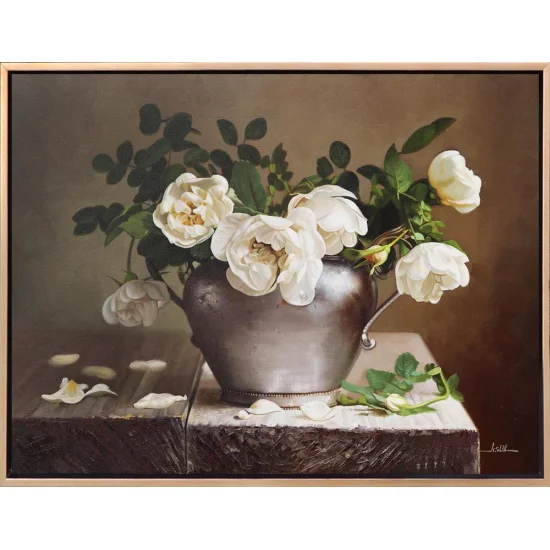 Beyaz Güllerin Melodisi Siparişe Özel Yağlı Boya Tablo