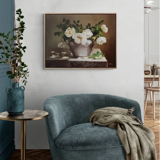 Beyaz Güllerin Melodisi Siparişe Özel Yağlı Boya Tablo