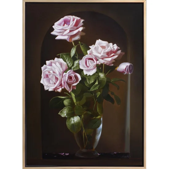 Pink Roses in a Glass Vase Custom Oil Painting