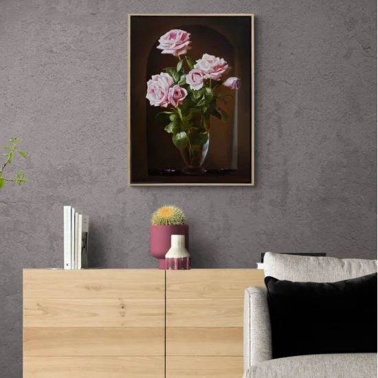 Pink Roses in a Glass Vase Custom Oil Painting