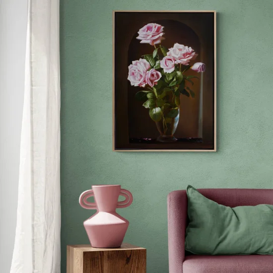 Pink Roses in a Glass Vase Custom Oil Painting