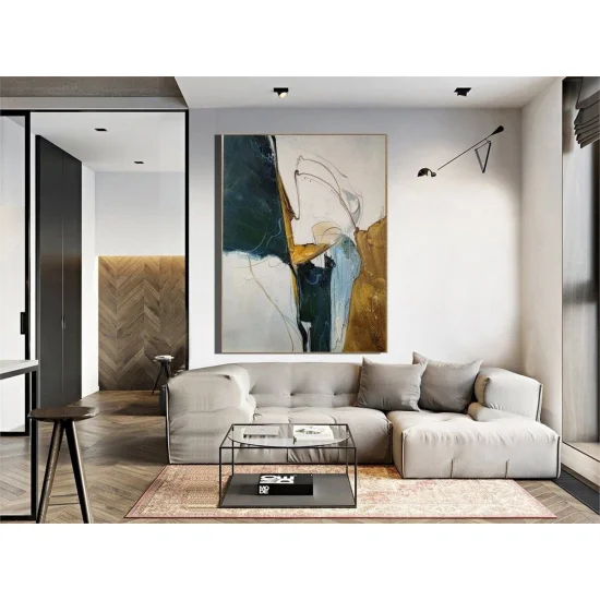 Bej Yeşil Minimalist Siparişe Özel Soyut Yağlı Boya Tablo