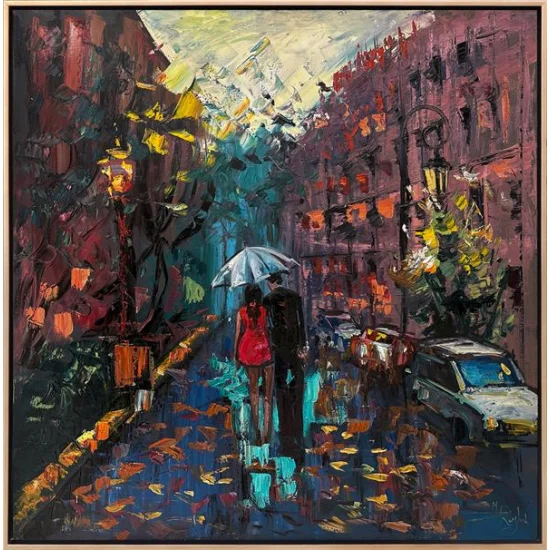 Yağmurda Sevgililerin İzleri Yağlı Boya Tablosu