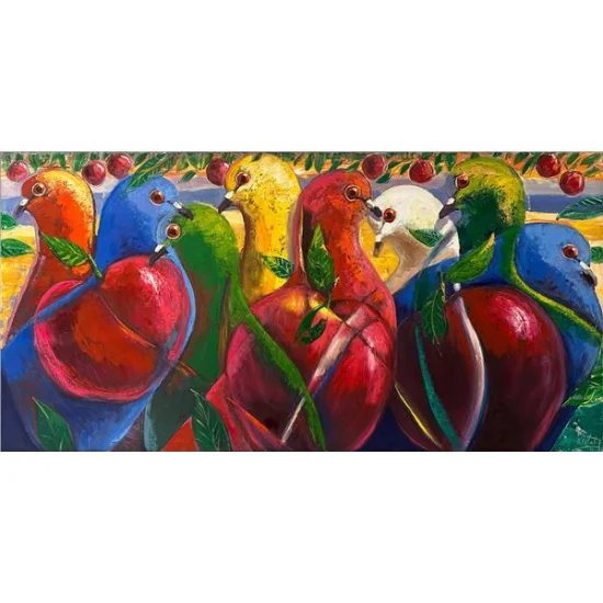 Colorful Harmony of Pigeons Oil Painting