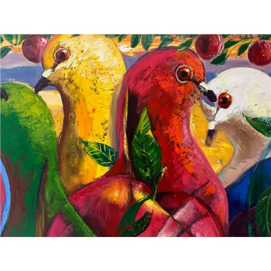 Colorful Harmony of Pigeons Oil Painting