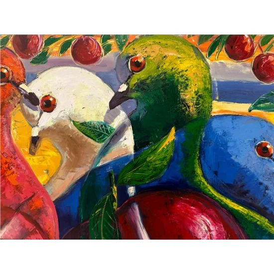 Colorful Harmony of Pigeons Oil Painting
