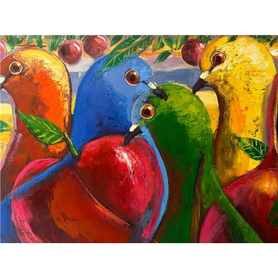 Colorful Harmony of Pigeons Oil Painting