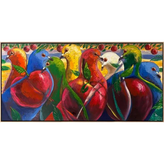 Colorful Harmony of Pigeons Oil Painting