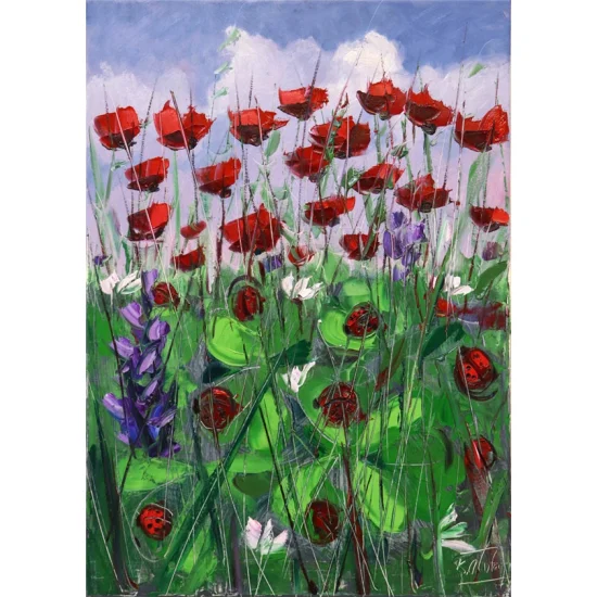 Poppies and Ladybugs Oil Painting