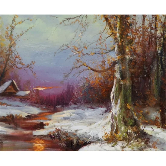 Dere Kenarında Kış Beyazı Yağlı Boya Tablosu