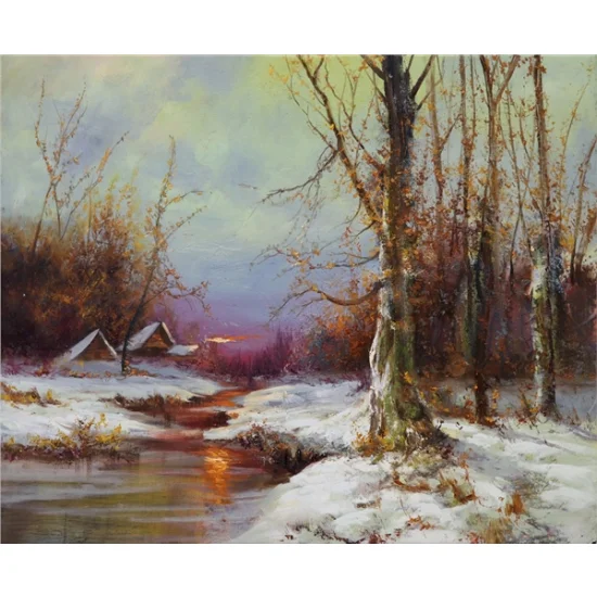 Dere Kenarında Kış Beyazı Yağlı Boya Tablosu