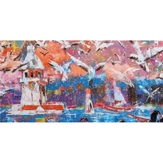 Kız Kulesi Aşığı Kuşlar Yağlı Boya Tablosu