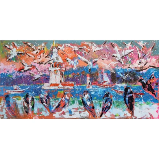 Kız Kulesi Aşığı Kuşlar Yağlı Boya Tablosu