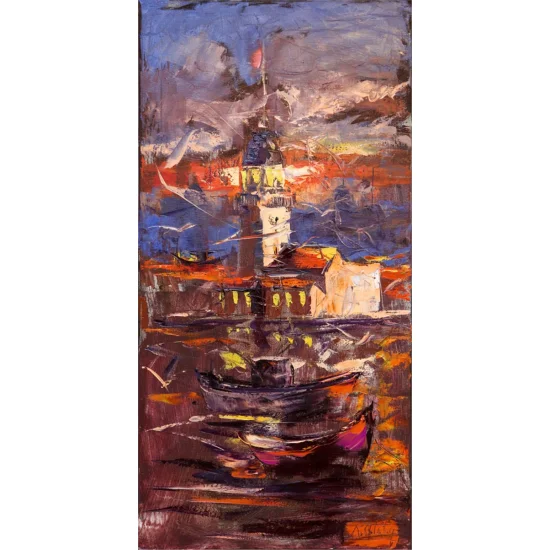 Kız Kulesi ve Tekneler Yağlı Boya Tablosu